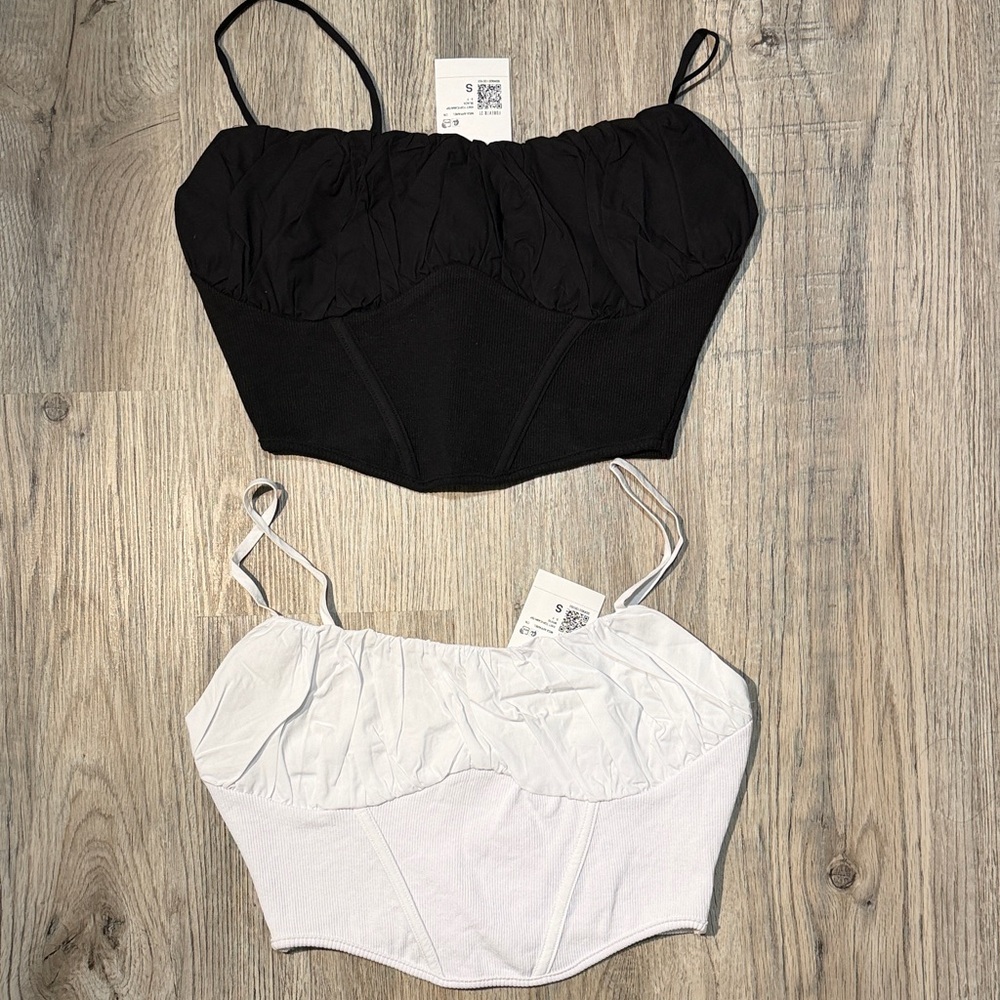 Black and white ruched cotton tops